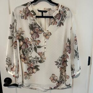 White House Black Market white pink lavender floral dogwood Spring Easter Blouse